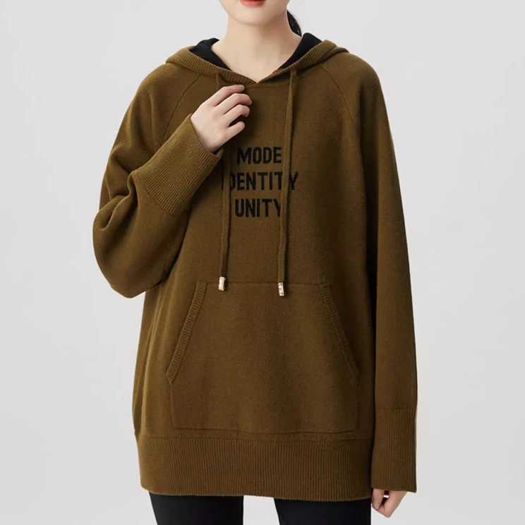 【商场同款】连帽加绒针织连帽衫时尚加厚中长款字母卫衣女5399646