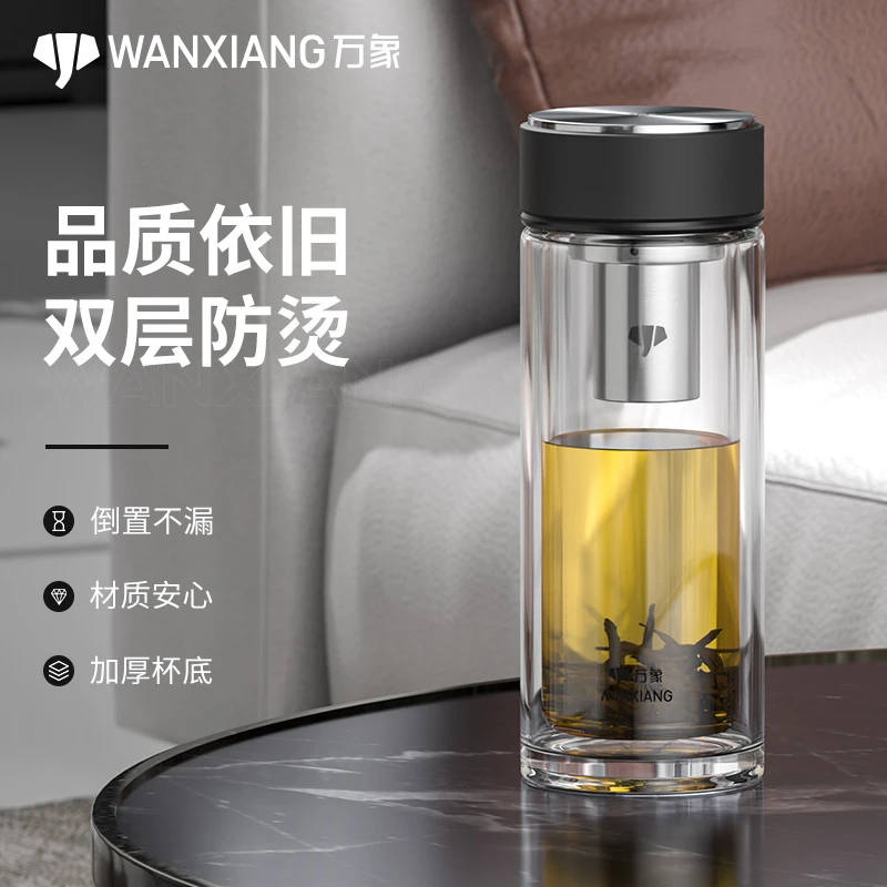 万象双层玻璃杯商务加厚男士专用隔热玻璃杯玻璃杯耐热便携泡茶杯
