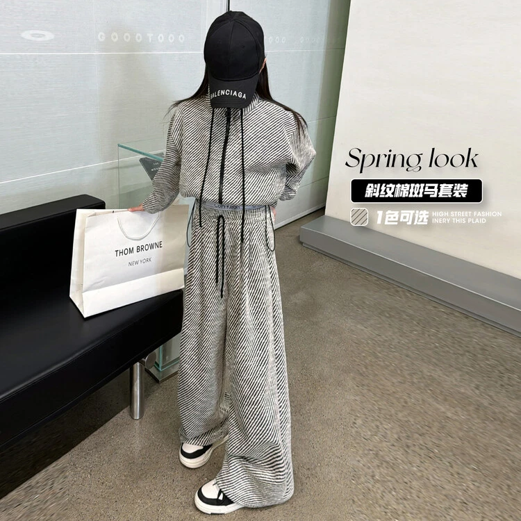 女童春秋季长袖条纹套装2024春秋韩版时尚休闲慵懒风灰色宽松衣服