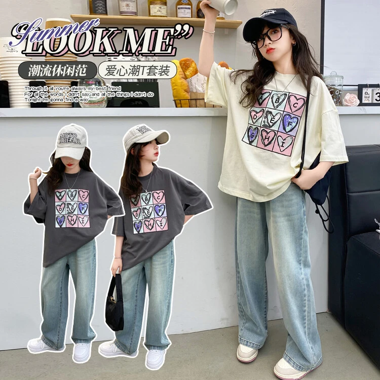 女童夏季短袖套装2024新款儿童宽松T恤女孩薄款牛仔裤韩版两件套