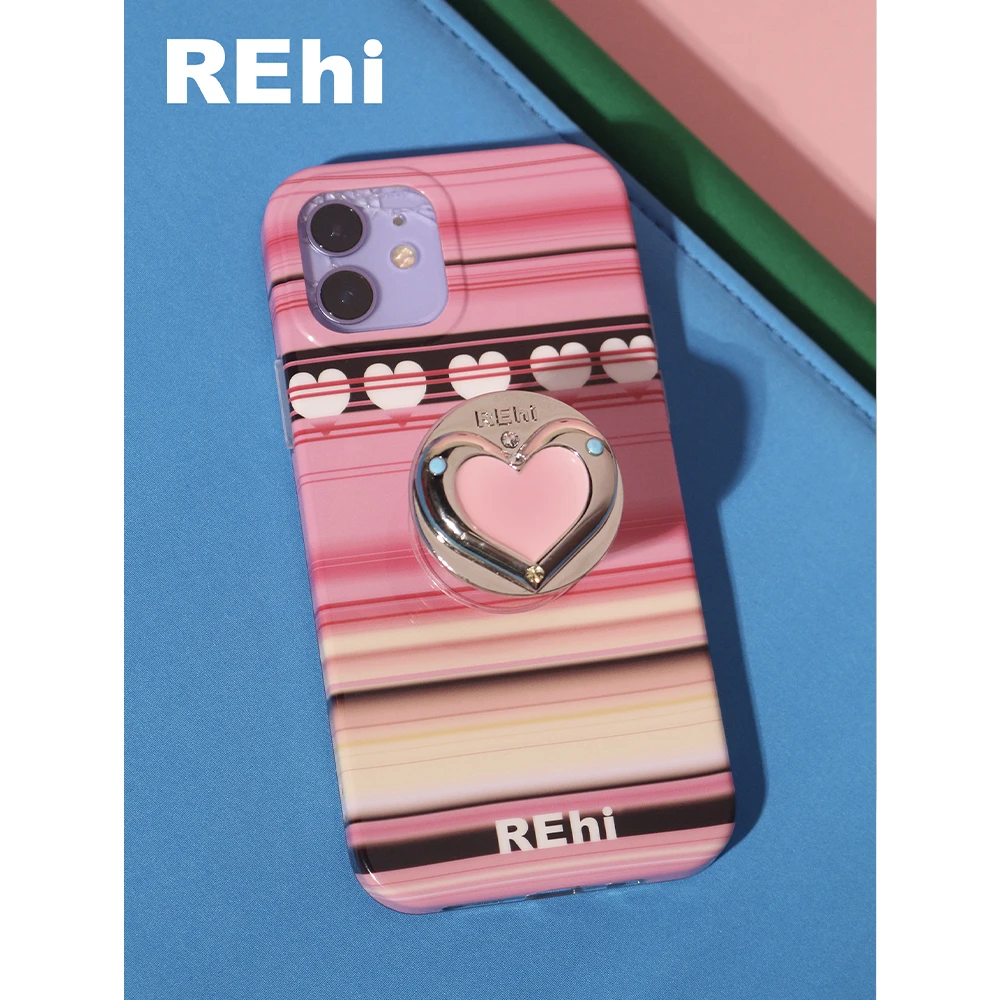 Rehi 粉色爱心条条桃心手机壳x爱心金属气囊支架iPhone15ProMax