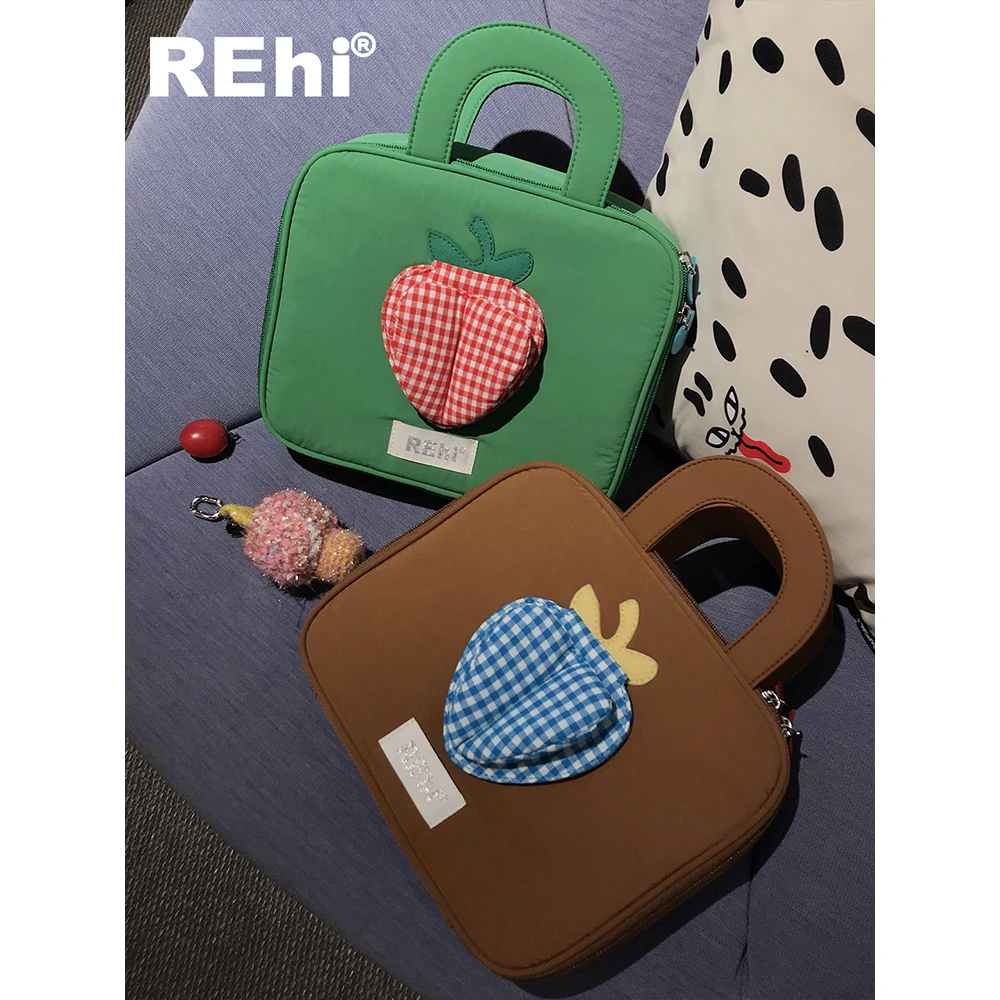 REhi 草莓镜子洗漱包大容量化妆包便携旅行手提可爱拉链收纳包