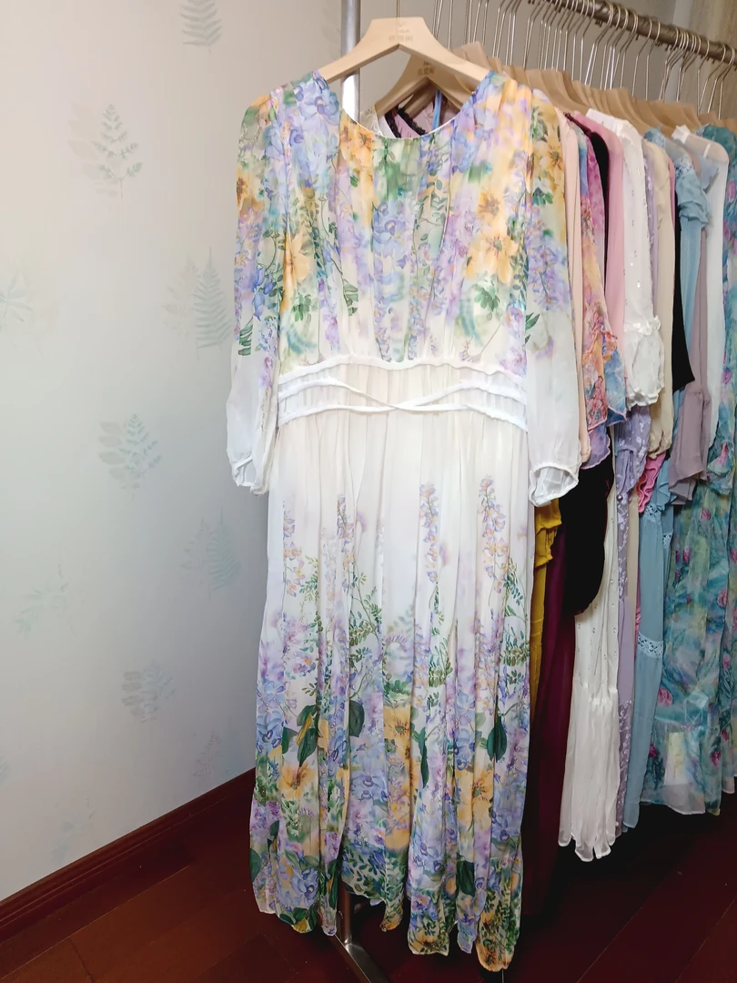 2024桑蚕丝连衣裙印花白色女装连衣裙裙子气质时尚