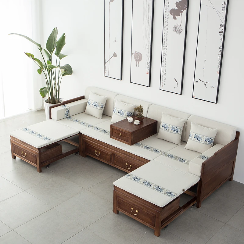老榆木实木罗汉床推拉伸缩两用客厅沙发组合新中式贵妃榻明式榫卯