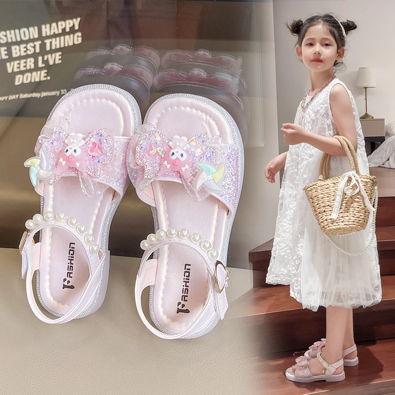 库洛米女童凉鞋2024夏季新款小女孩水晶鞋小学生闪亮童鞋公主鞋