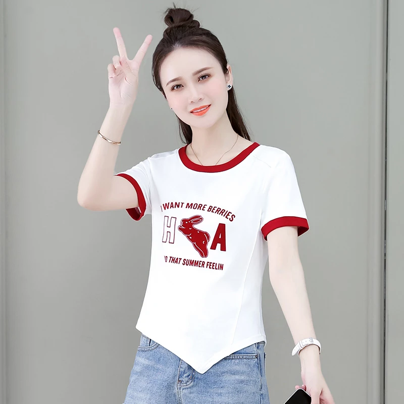 兔子新年撞色拼接白色t恤女2023夏季时尚新款宽松短袖上衣1325