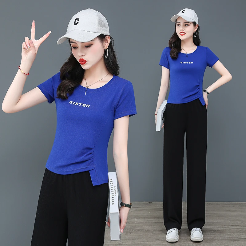 夏季短袖2023新款显瘦t恤白色百搭印花洋气小众圆领套装