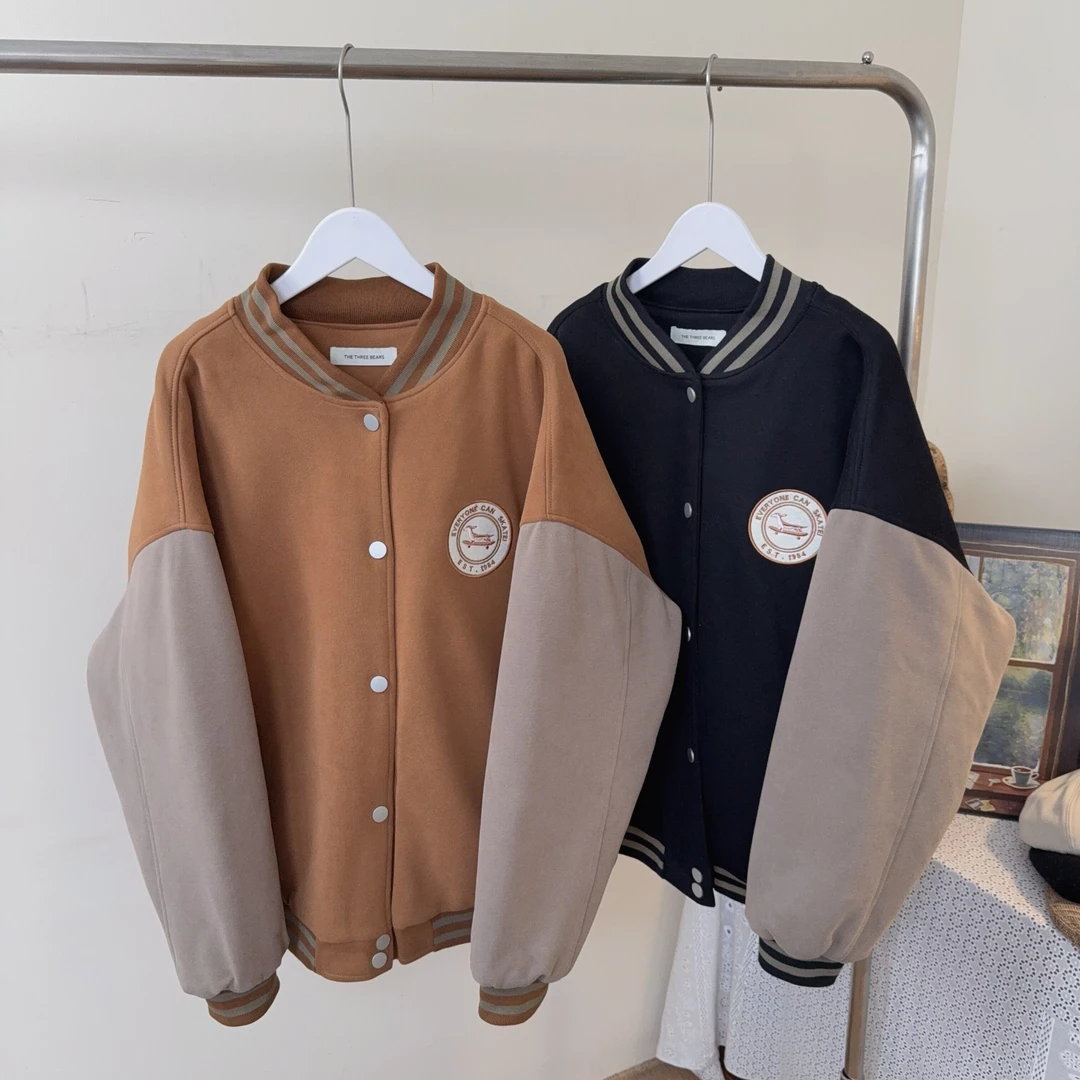 复古风撞色宽松大大大版型【日韩系棒球棉服外套冬季夹棉棉衣】