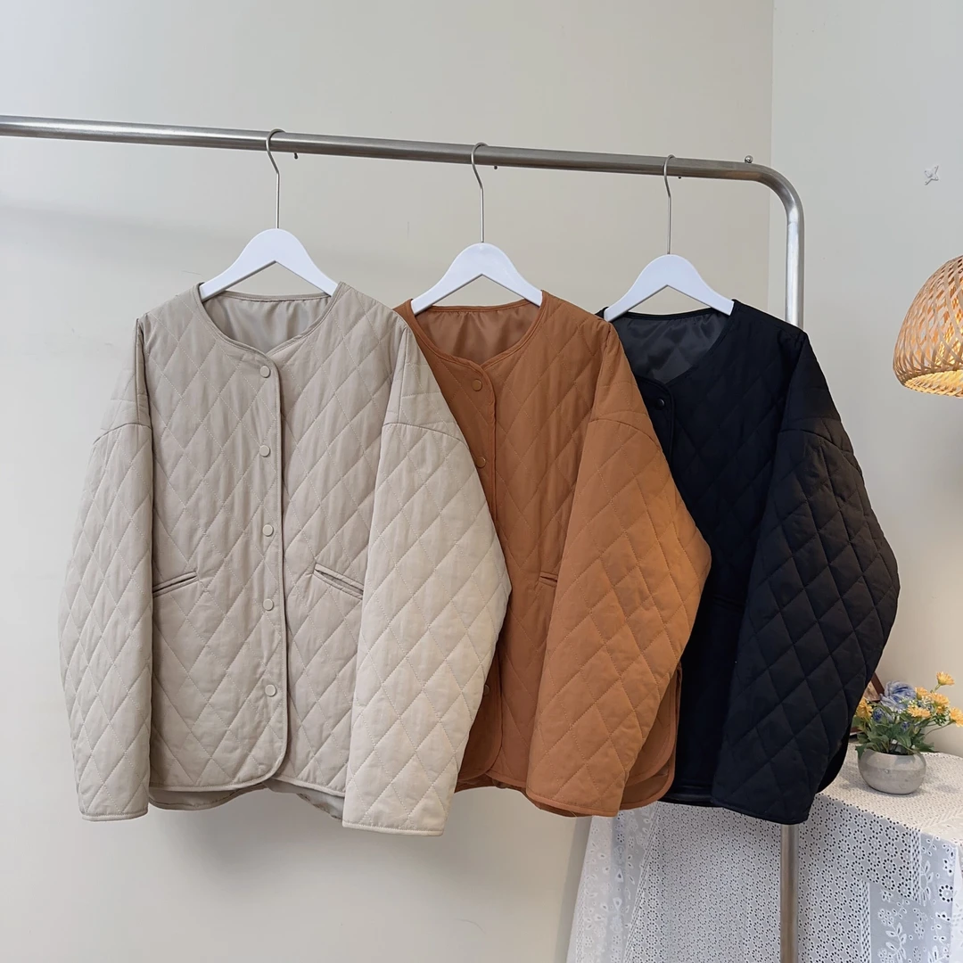 日系简约菱格夹棉绗缝棉衣外套女宽松减龄显瘦90-155斤内