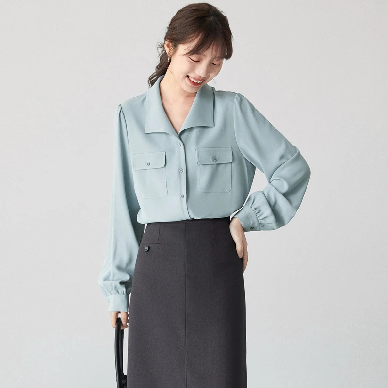 【早春新品】法式立体简约V领衬衫上衣女春秋雪纺高支高密面料906