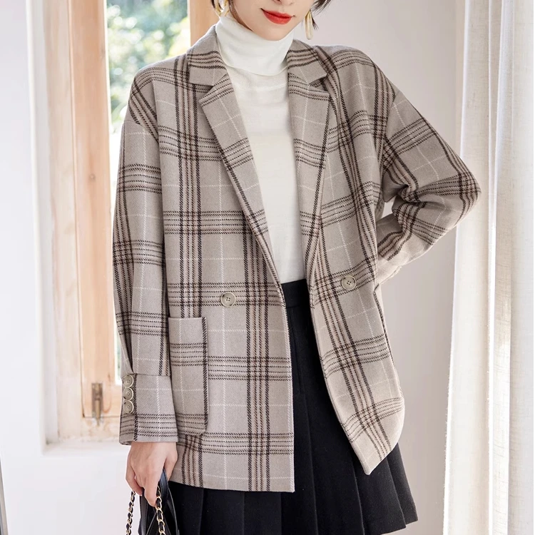 秋冬新款时尚百搭韩版高级毛呢西装外套女中长款上衣大衣639