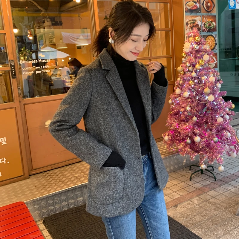 秋冬新款韩版时尚气质休闲修身百搭毛呢大衣女西装外套加厚283