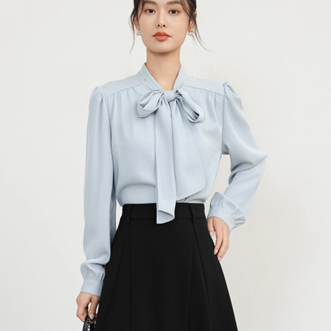 秋日衬衫新款女上衣春秋款法式蝴蝶结衬衣内搭高级感韩系小衫1215