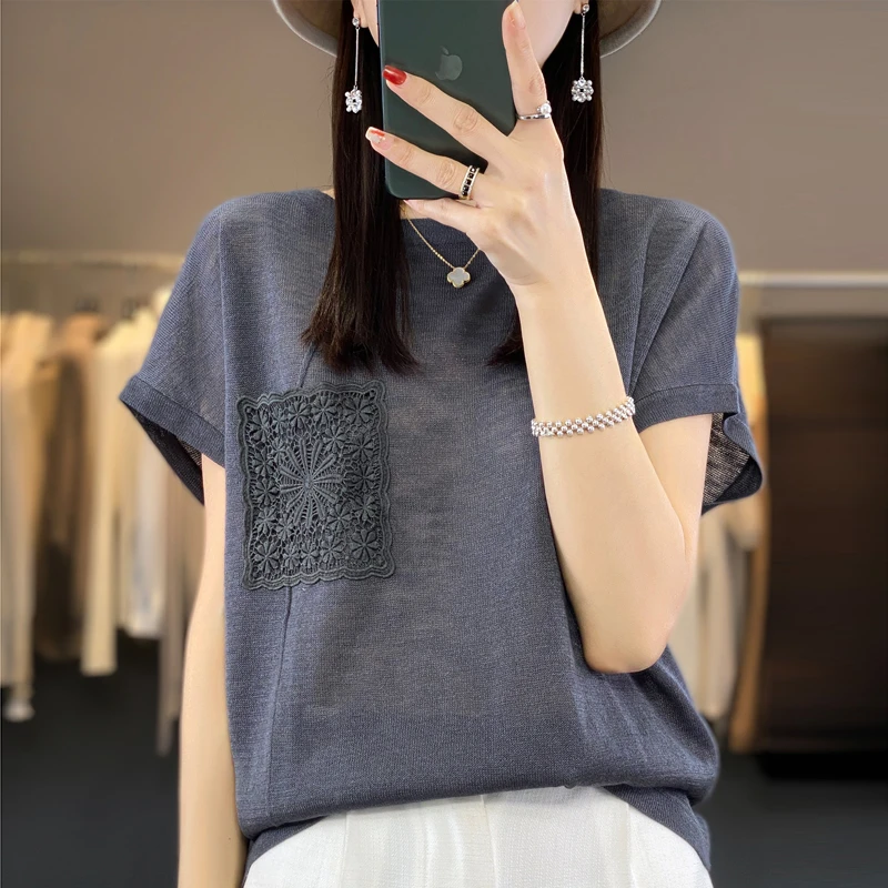 夏季新款女士高端竹节麻冰丝短袖圆领新款针织衫上衣百搭显瘦