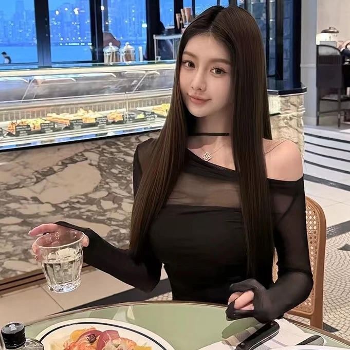 小路自制~【带胸垫】网纱挂脖纯欲风轻熟早秋上衣女背心2件套防晒