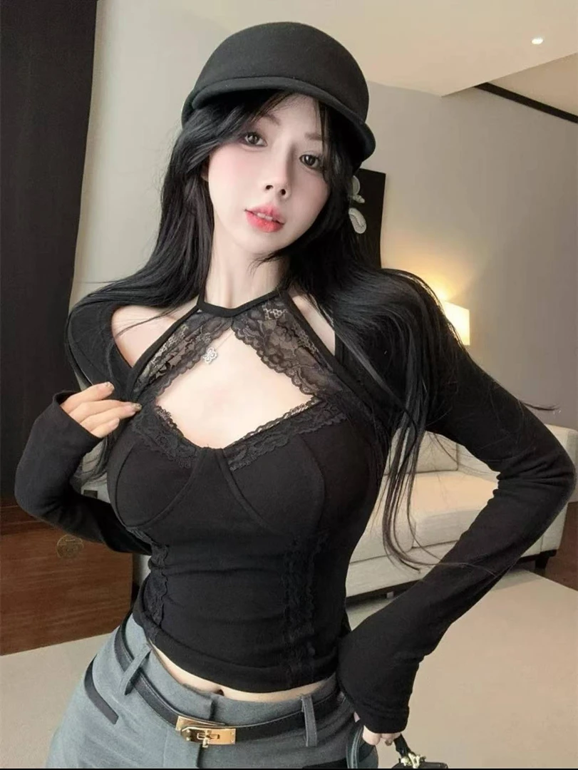 路姐~挂脖项圈蕾丝v领上衣女打底衫上衣长袖蕾丝衫小衫女秋冬打底