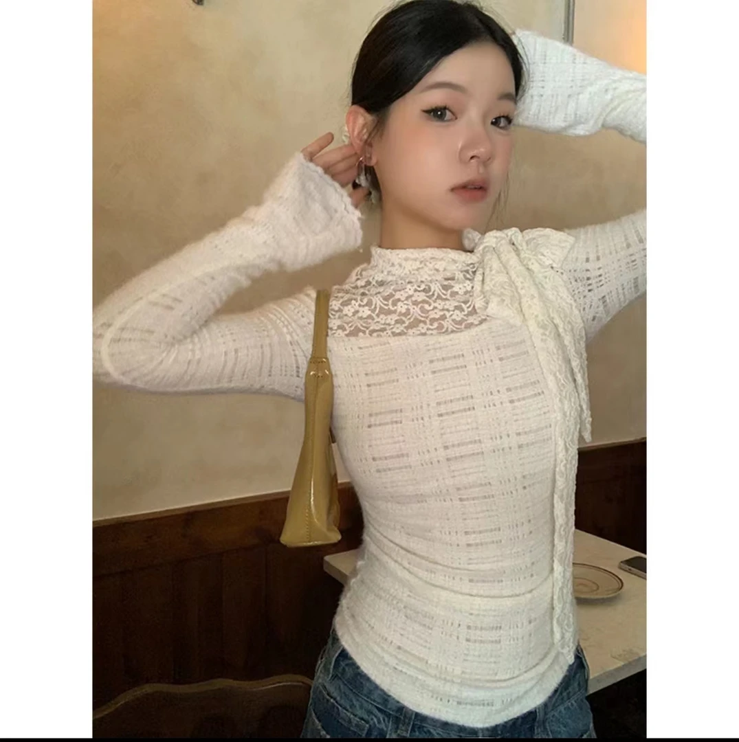 小路自制~设计感蕾丝上衣修身显瘦2024新款显瘦纯欲打底上衣