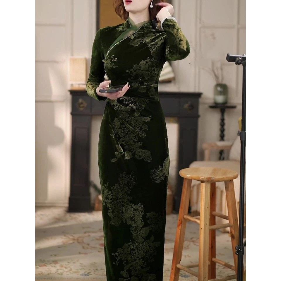 传统国风提花旗袍长裙女2025秋冬新款国潮修身显瘦高贵旗袍连衣裙