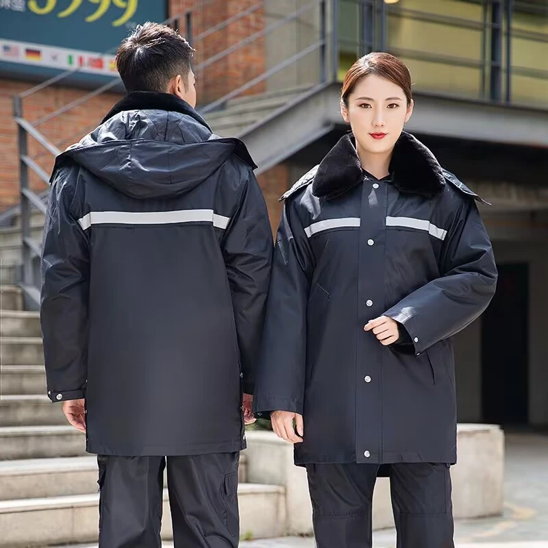秋冬保安服中长款反光条加厚防寒防风防水工作服保暖劳保棉大衣