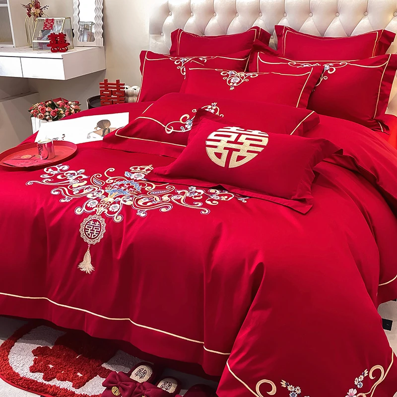 富安娜刺绣大红色婚庆四件套新婚陪嫁纯棉六件床单被套床上用品