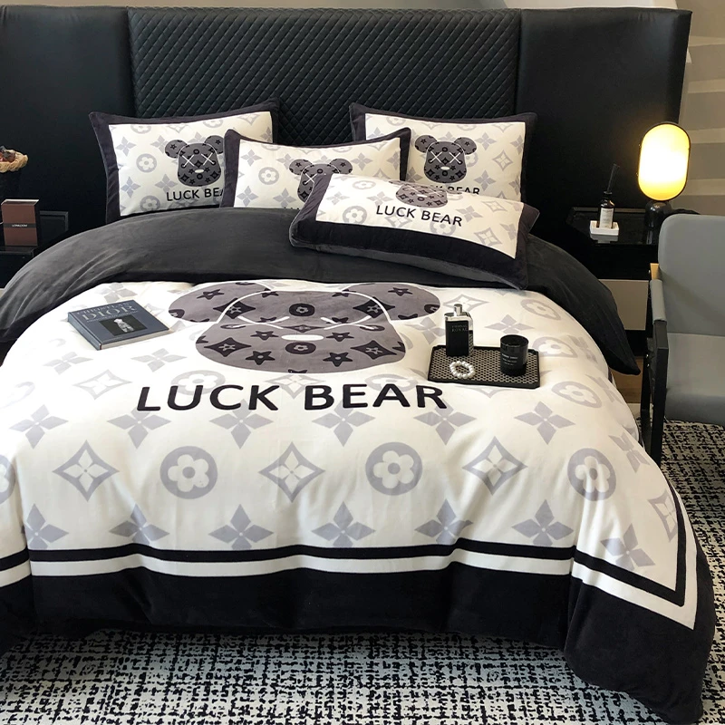 富安娜法式牛奶绒四件套数码印花加厚款珊瑚绒双面绒被套床笠套件