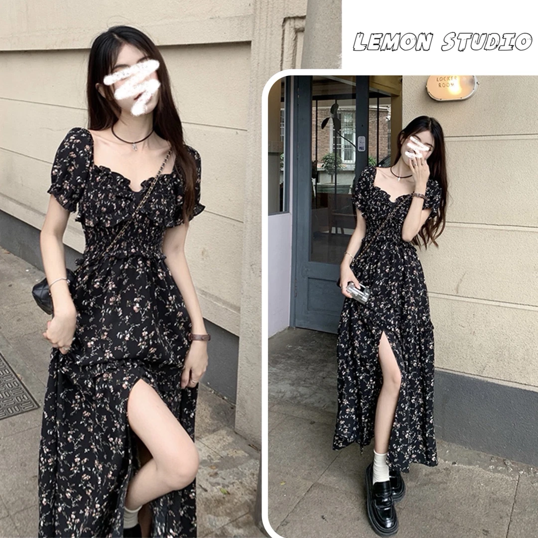 黑色碎花连衣裙裙子女夏装法式温柔风气质开叉茶歇夏季海边度假