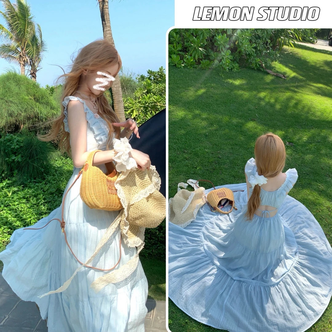 2025温柔风法式气质超仙小飞袖连衣裙女夏季纯欲露背海边度假长裙