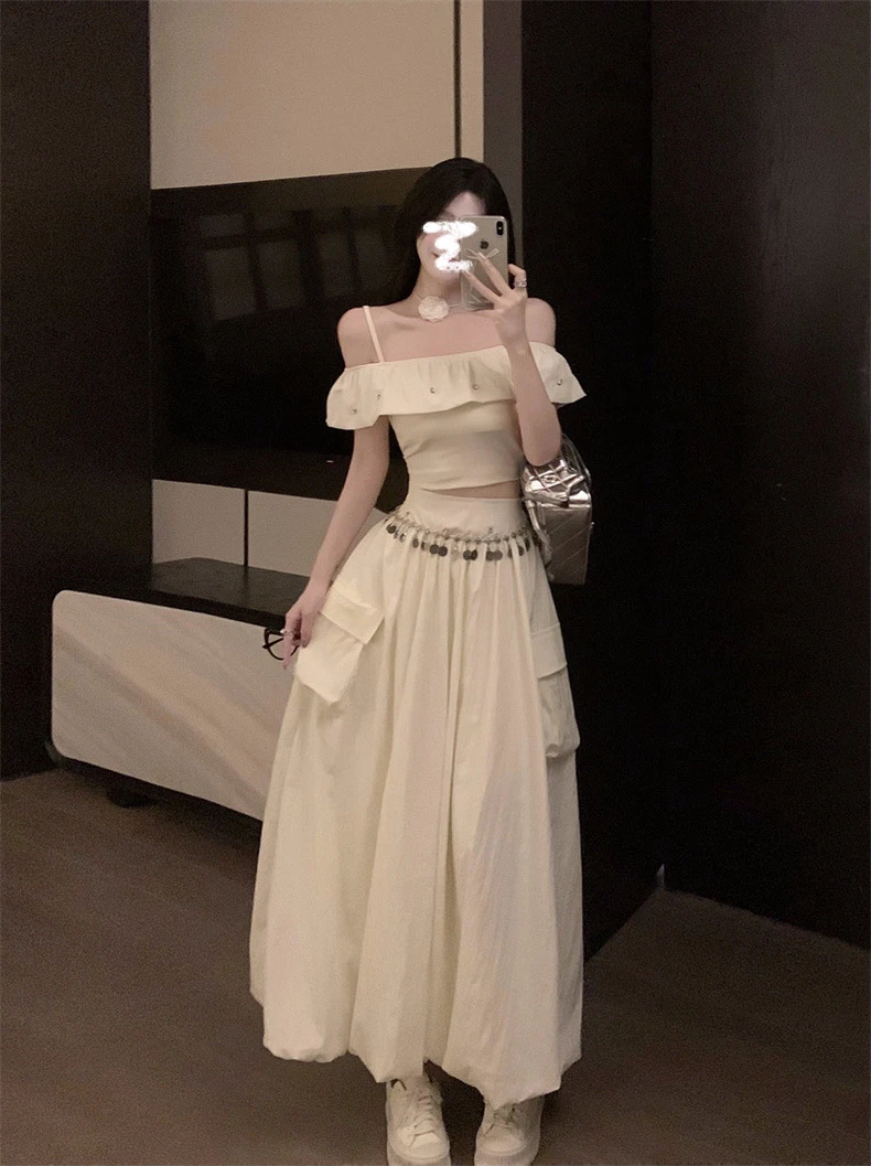 法式一字肩短袖衬衫套装裙女海边度假新款小个子花苞半身裙三件套