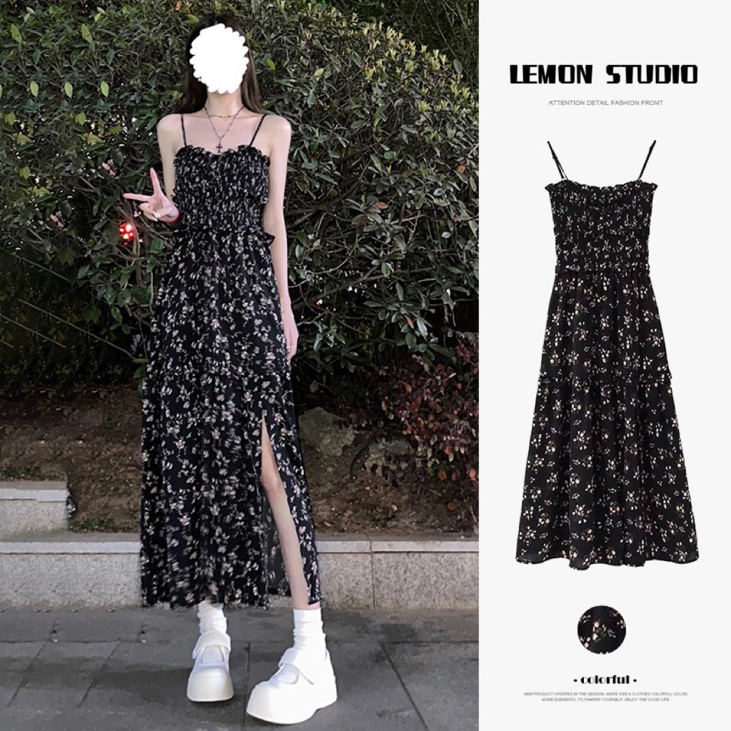 法式茶歇碎花黑色吊带连衣裙女夏季新款外套披肩开衫气质开叉裙子