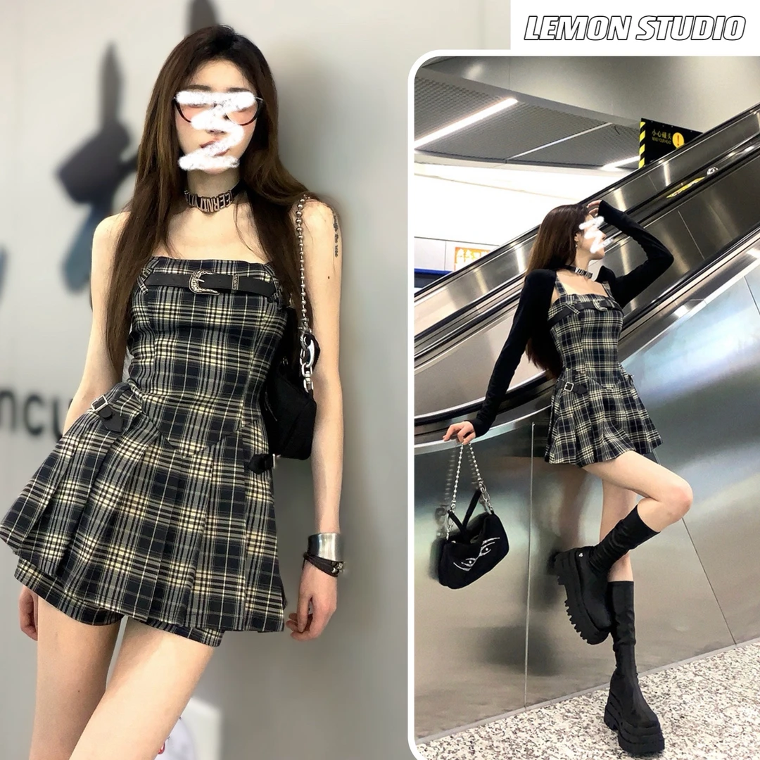 两件套复古格纹修身显瘦吊带连衣裙松紧高腰安全打底裤套装女新款