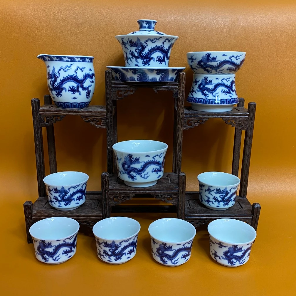 景德镇青花龙纹茶具手工仿元青花龙纹马蹄盖碗10件套高档茶具套组