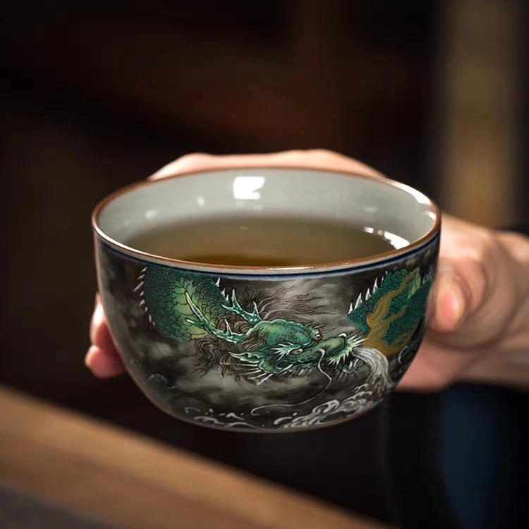 景德镇青花陶瓷主人杯手工老陶泥墨龙卧足杯大容量品茗杯