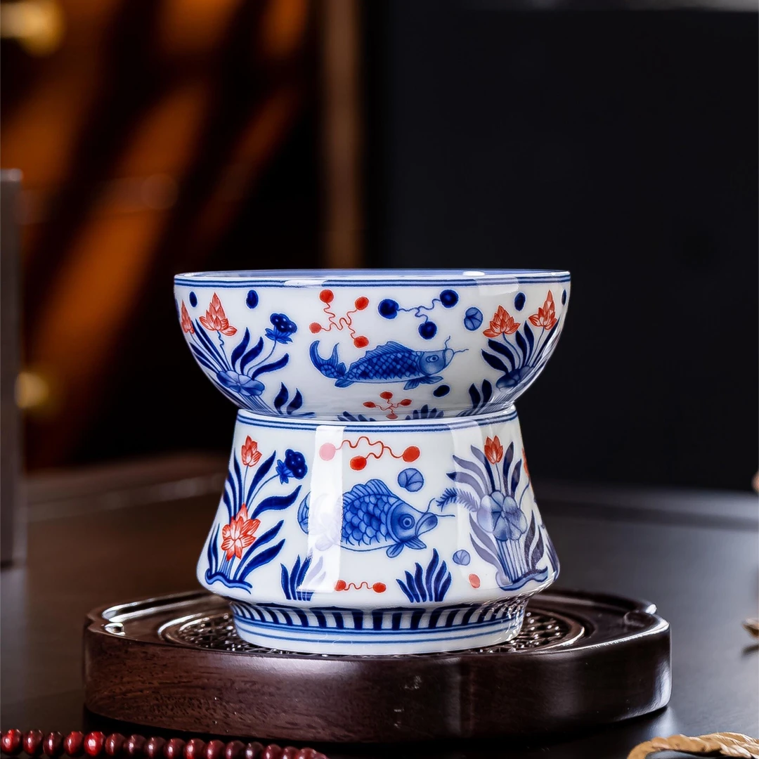 景德镇青花陶瓷茶滤手工鱼藻纹茶漏釉里红鱼藻茶叶过滤茶具