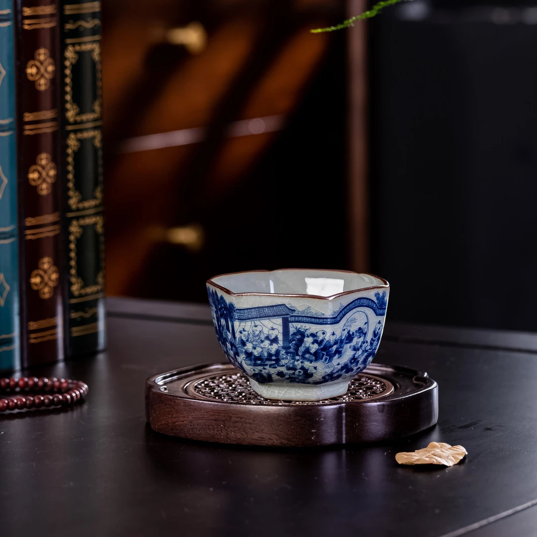 景德镇青花陶瓷主人杯手工老陶泥百子图六方杯聚财大容量品茗杯