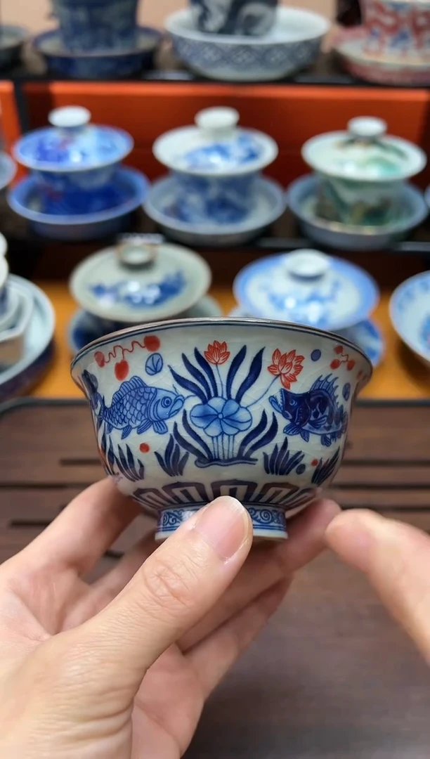 【闪购商品】陶瓷杯老陶泥鱼藻纹压手杯