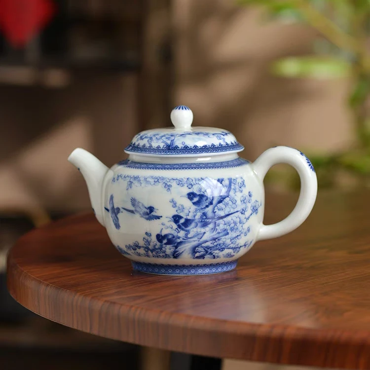 景德镇青花陶瓷茶壶手工喜上眉梢茶壶球孔陶瓷出水家用泡茶壶