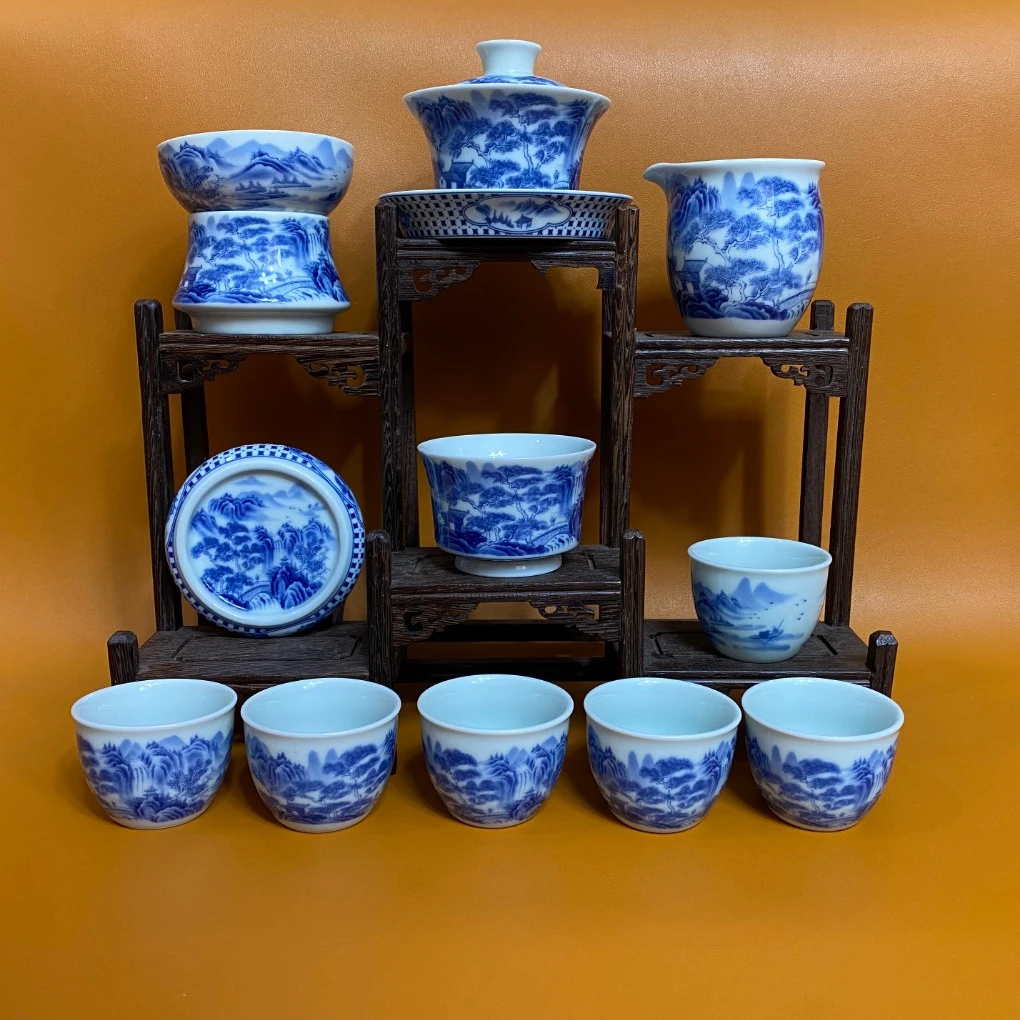 景德镇青花陶瓷茶具手工山水马蹄茶具11件套高档茶具套组