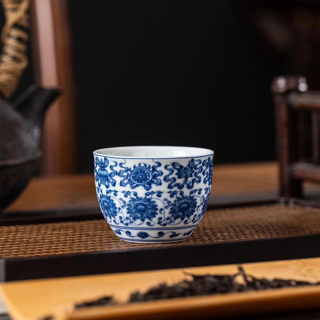 （拍3发4）景德镇青花陶瓷主人杯手工八宝客杯单杯家用小茶杯