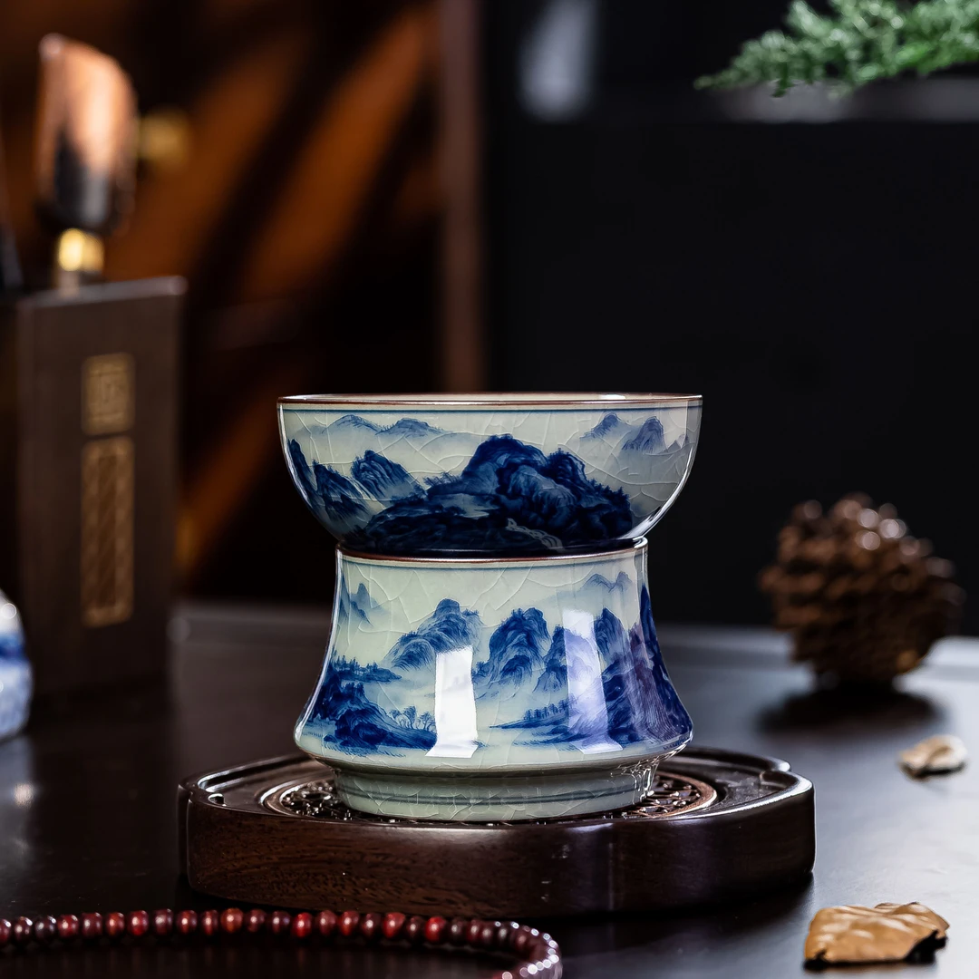 景德镇青花陶瓷茶滤手工老陶泥千里江山茶漏陶瓷茶水过滤器