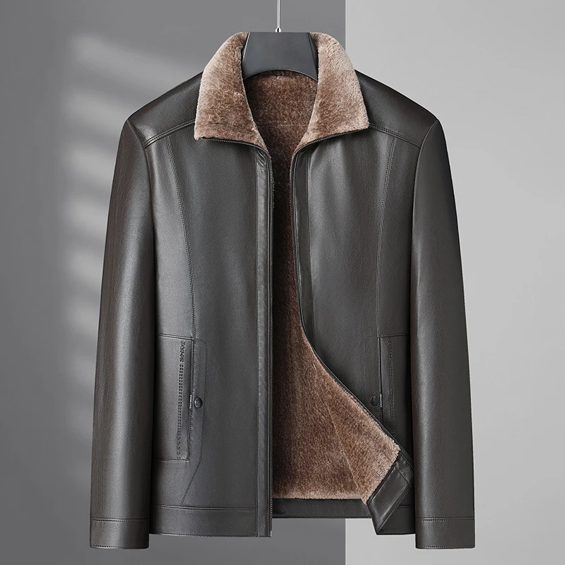 【大码男装】新款冬季加绒加厚皮衣商务时尚加肥加大码翻领皮夹克