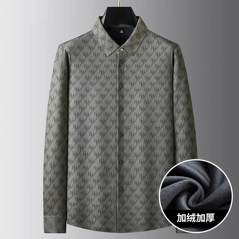 【大码男装】秋冬季加绒休闲衬衣长袖潮流宽松时尚保暖加厚加绒衬衫