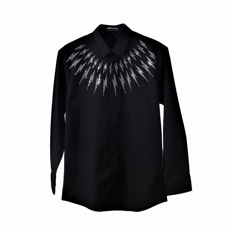 【大码男装】重工翻领前后闪电长袖衬衣衫胖子单穿外披个性烫钻衬衫