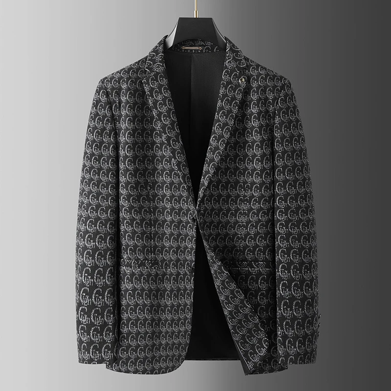 【大码男装】新款秋冬加厚潮流时尚休闲韩版格纹印花西装西服外套