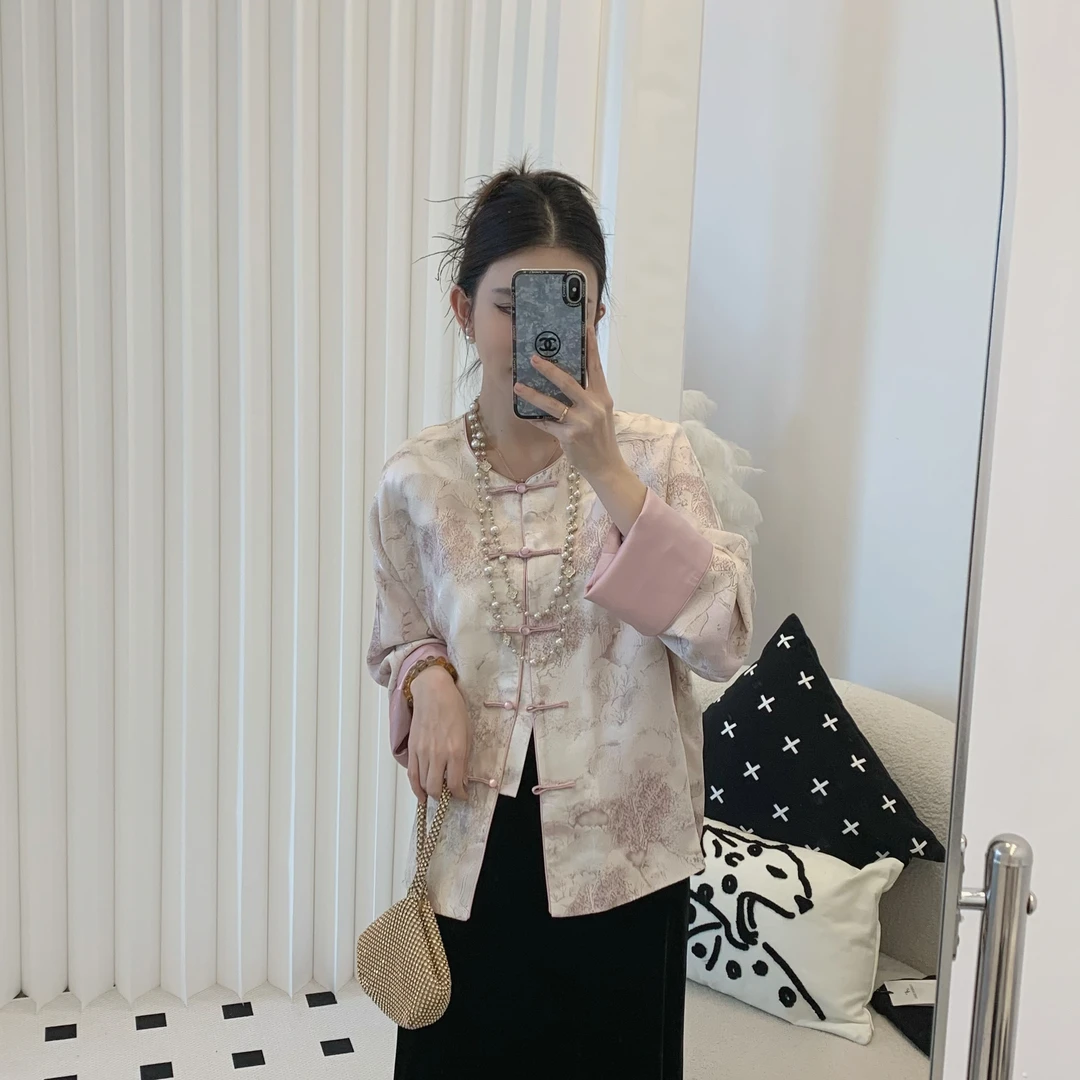 粉海棠 粉色国风山水画新中式外套盘扣圆领上衣 267266（瑕疵）