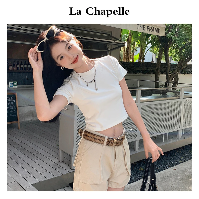 La Chapelle/拉夏贝尔白色简约圆领短袖T恤纯色内搭短款弹力上衣