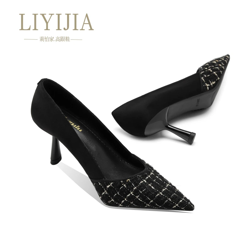 知性黑色千鸟格优雅高跟鞋细跟尖头磨砂法式小香风气质单鞋33153
