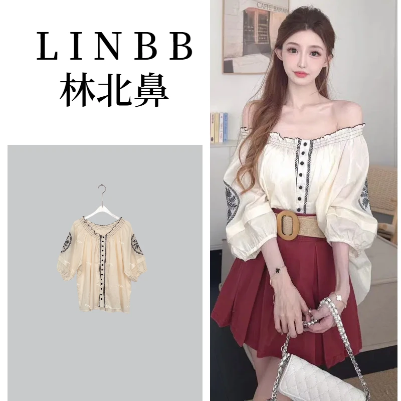 林北鼻-【明洞欧尼】刺绣工艺韩单一字肩两穿衬衫