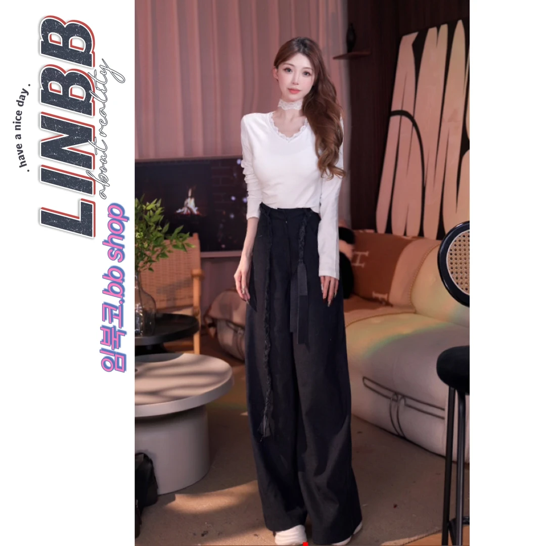 林北鼻-【手作裤】韩单高腰重工编织阔腿裤