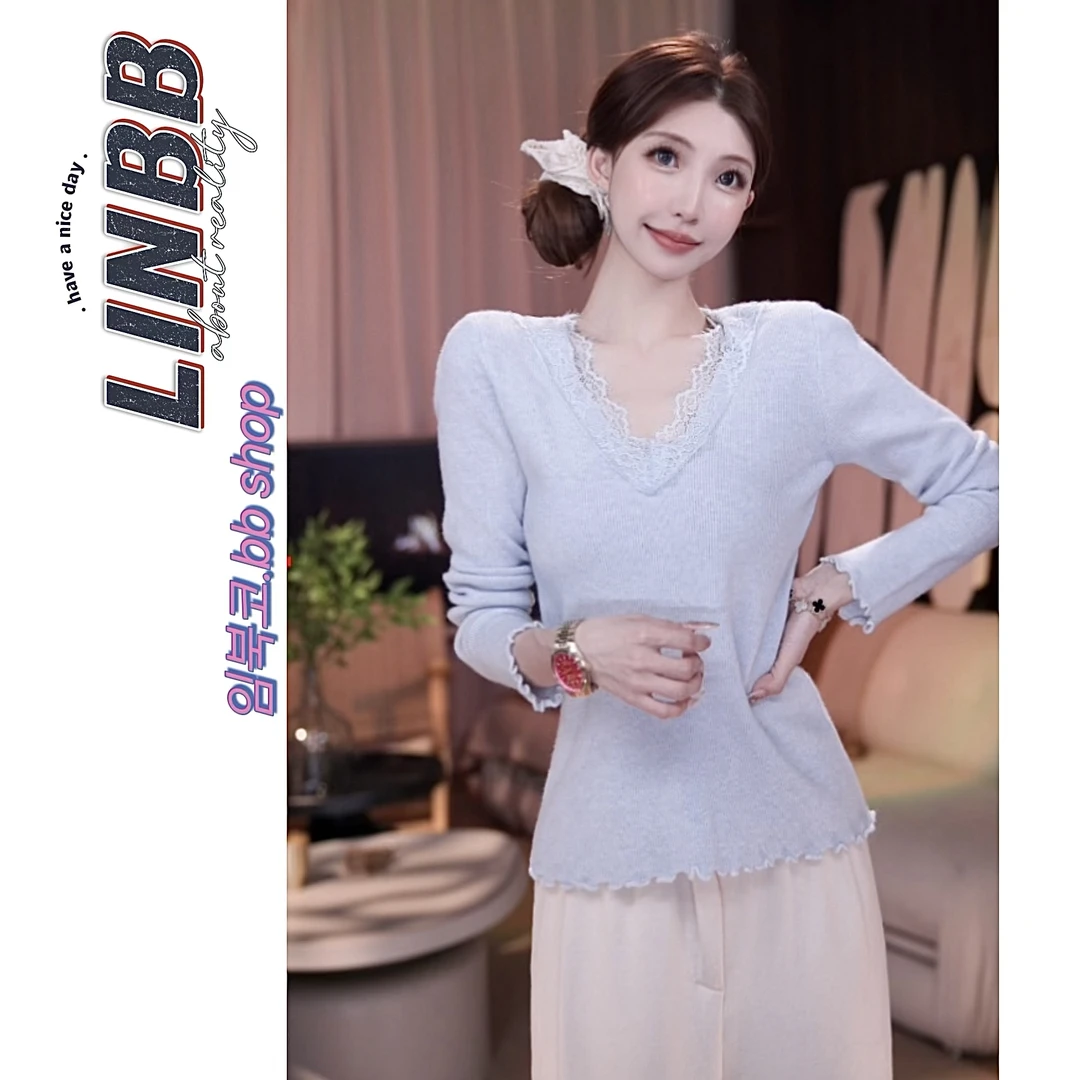 林北鼻-【淡颜女】韩单蕾丝花边甜糯温柔针织毛衣