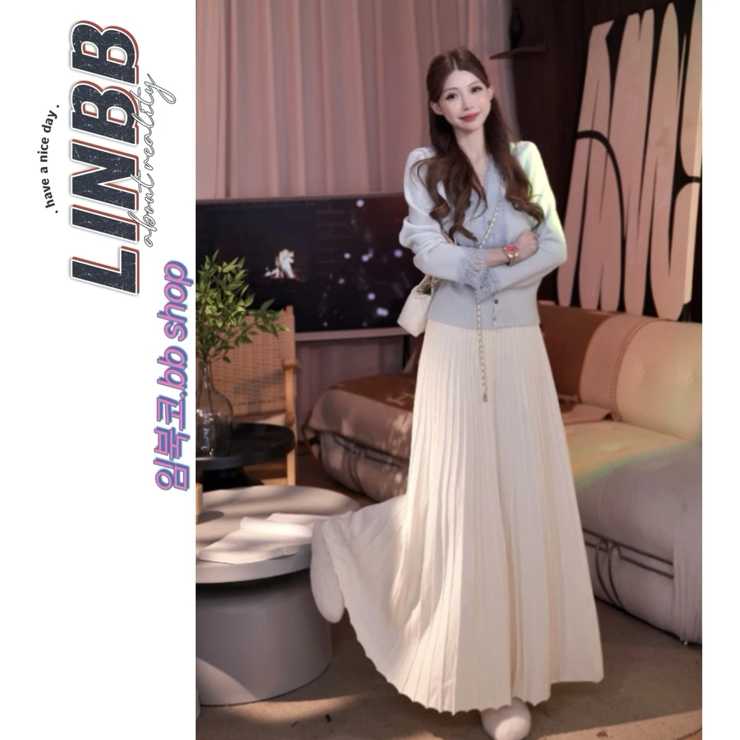 林北鼻-【千金裙】韩单定制款超大百褶显瘦弹力针织羊毛长裙